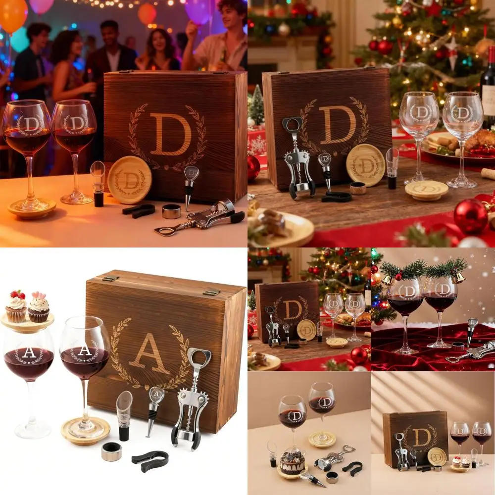 

Custom Engraved Initials Wine Glass Set for Women, Mom's Birthday, Christmas, Anniversary Gift with Wooden Stopper and Opener