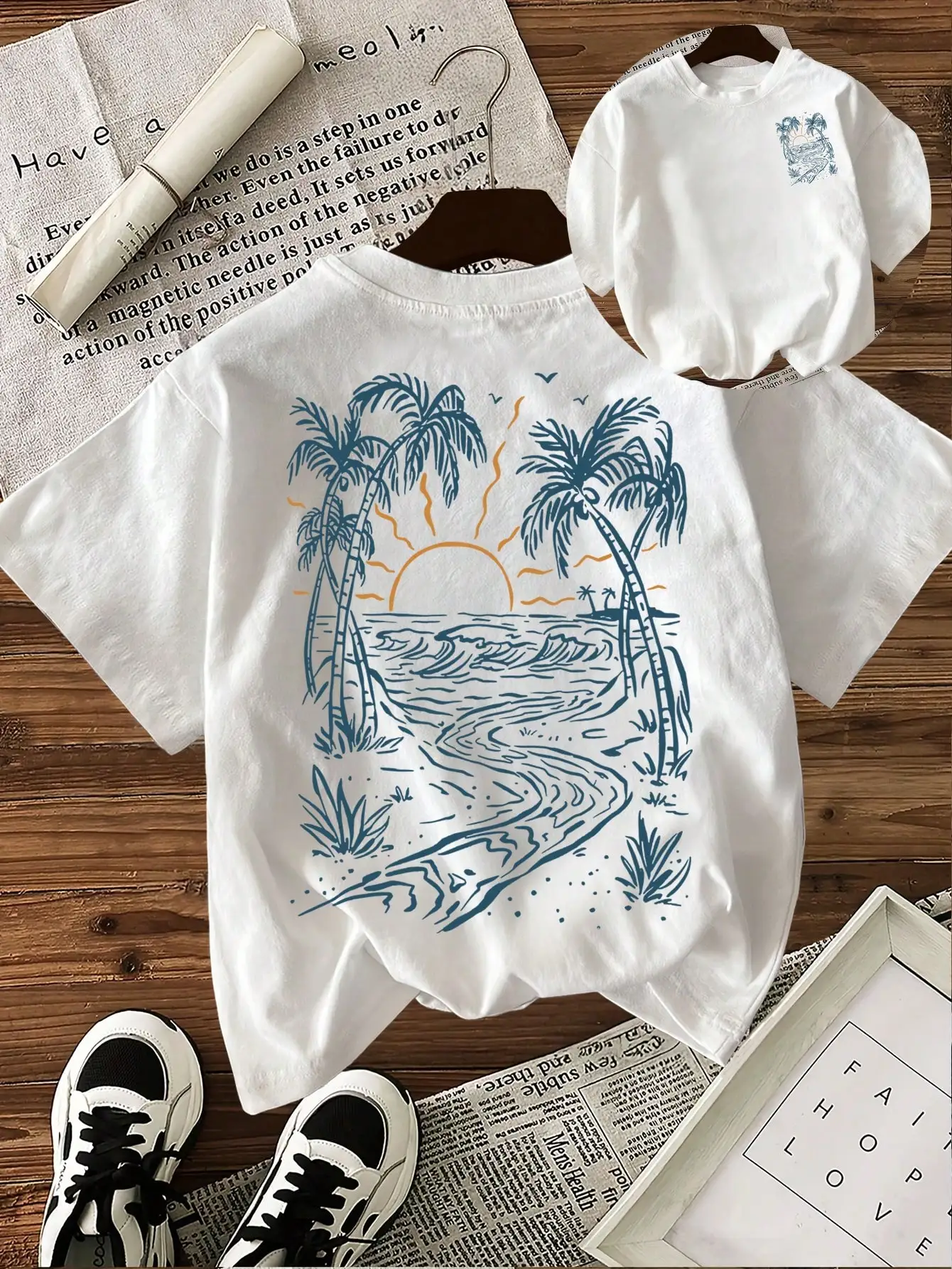 

Футболка больших размеров с принтом тропической пляжной сцены для отпуска — готовое модное заявление для моментов отдыха