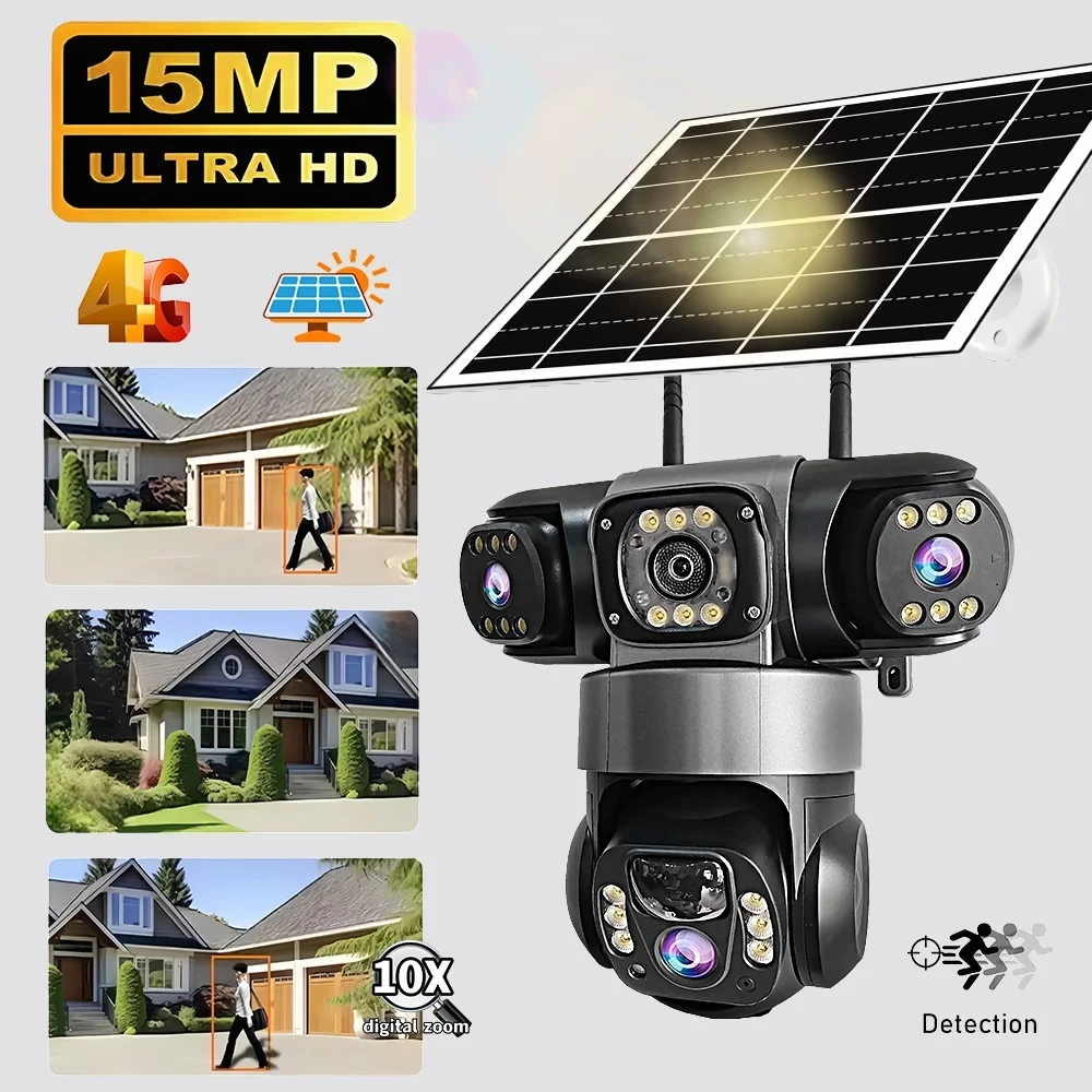 Outdoor 4G IP Security Camera 360° Field of View Solar Camera 15MP Night Vision PIR Motion Detection Pan Tilt Two-way Call CCTV