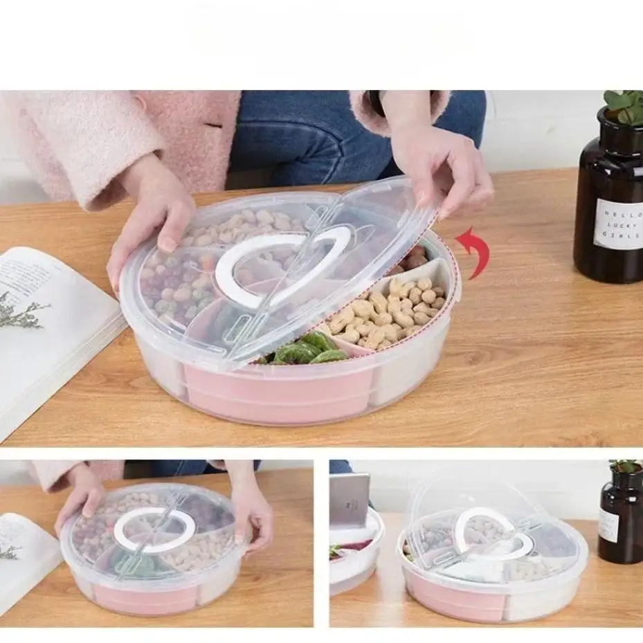 1 Pcs Household Portable 5-compartment Food Storage Box Candy Round Tray Snacks Dried Box Lid Compartments Removable Plate Tools