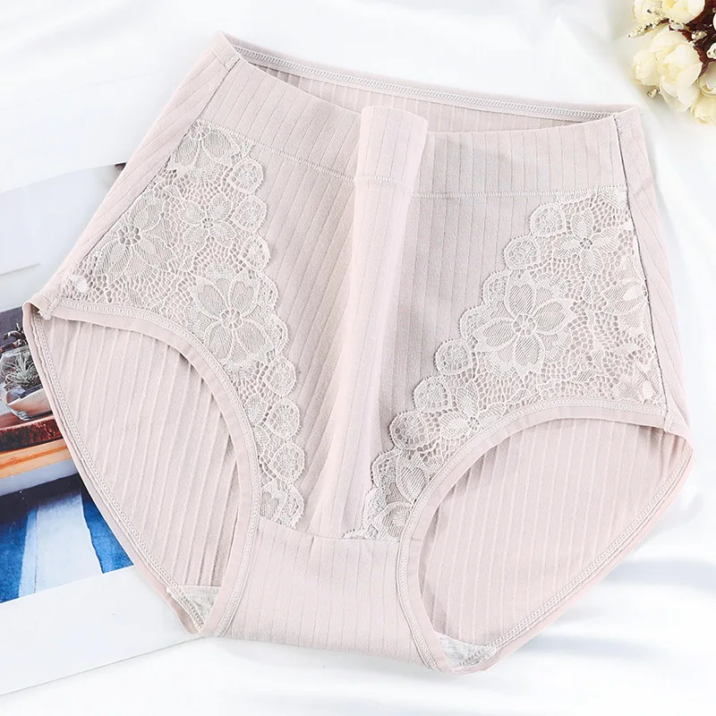 Threaded Cotton Plus Size Ladies Panties Lace High Waist Mom Oversized Briefs