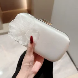 Elegant Trendy Silk Flower Decor Clutch Evening Bags For Women White Satin Handbags Wedding Party Ladies Clutches Small Purses