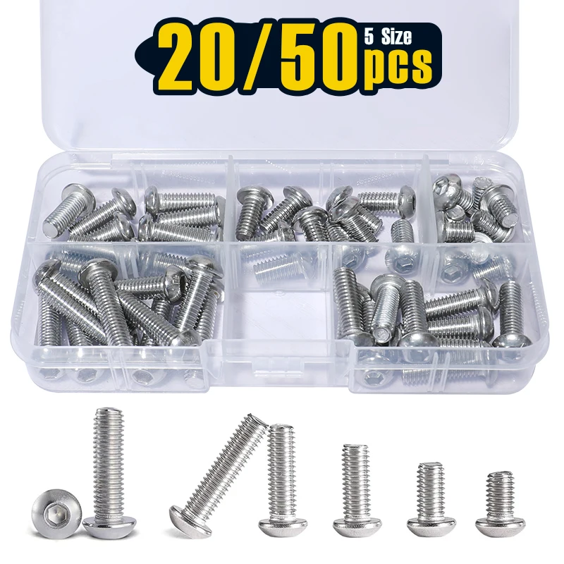 20/50 PCS M6 Button Head Socket Cap Bolts, 8/12/16/20/25mm, 304 Stainless Steel Allen Hex Drive Fully Threaded Bright Finish