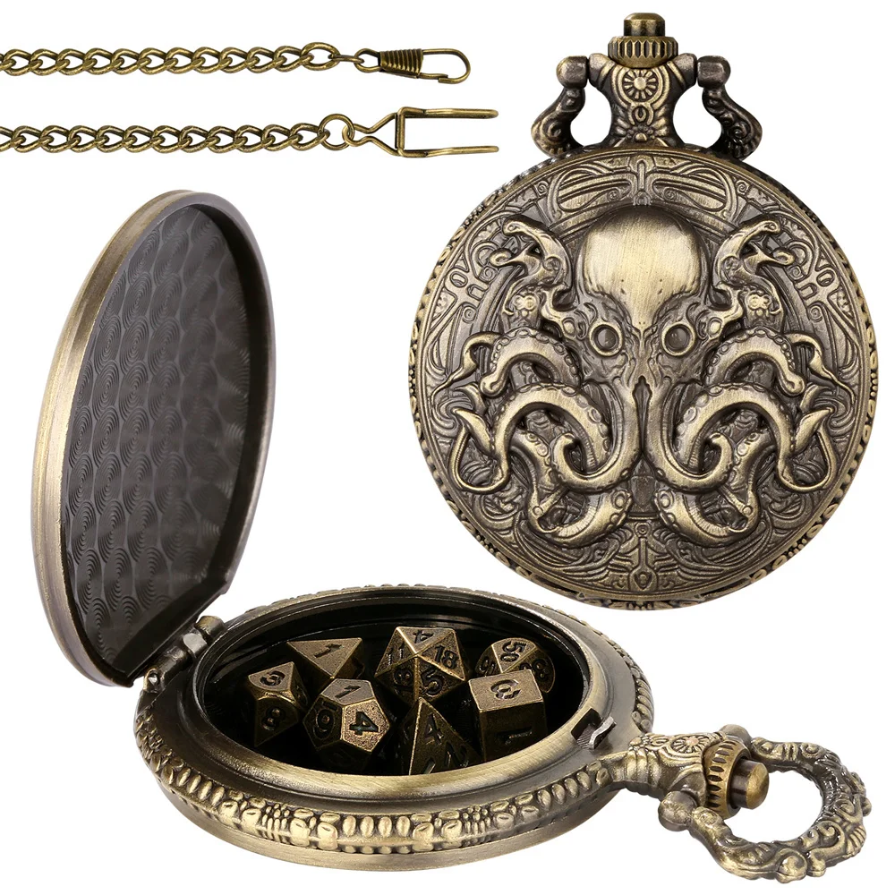 Bronze/Grey Black Alloy Metal Octopus Full Hunter Pocket Watch Case Fob Chain Pendant with 7pcs/set Mini Polygon Game Dices Gift