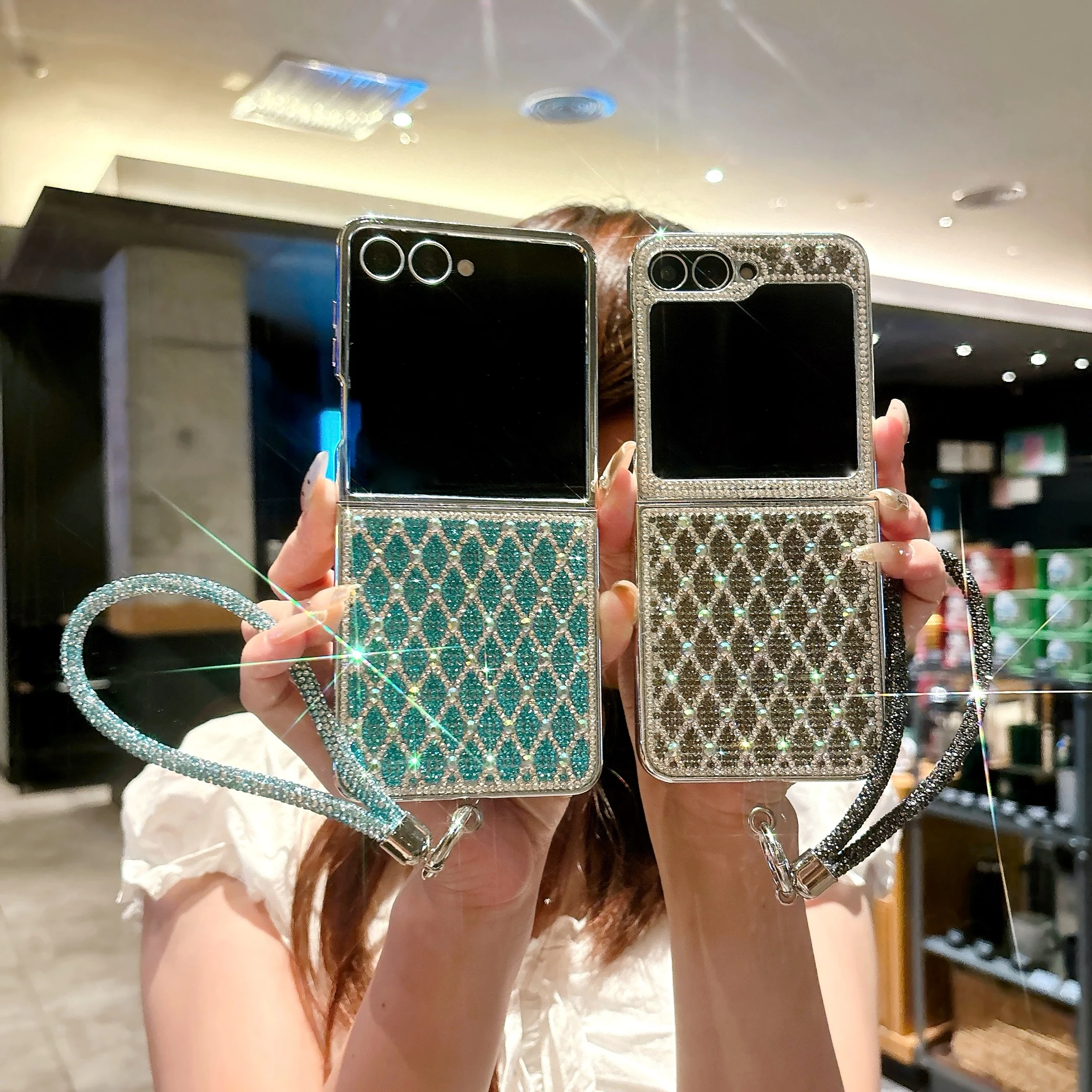

Fashion Plating Crystal Shockproof Hard Phone Case For Samsung Galaxy Z Flip 7FE 6 5 4 Diamond Glitter With Rope Protector Cover