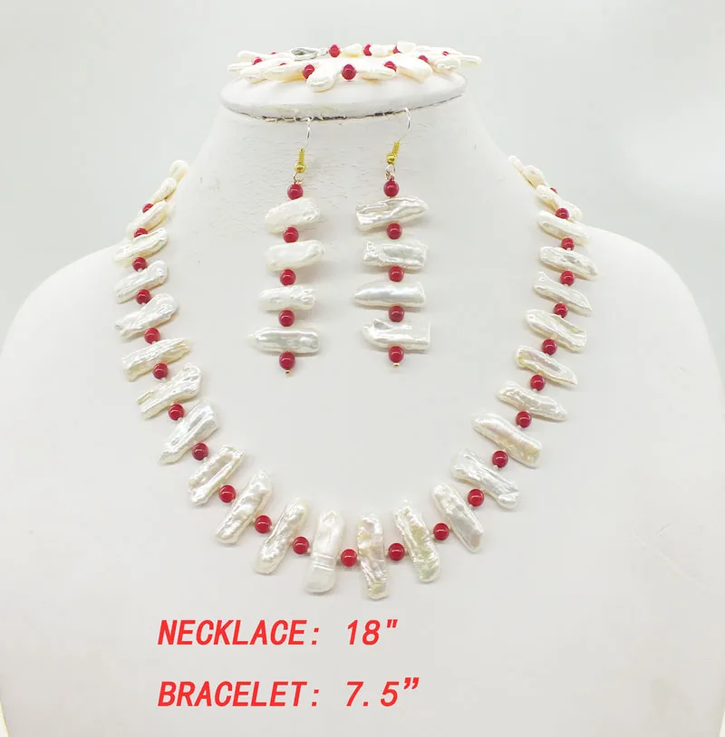 

NEW Artists Genuine Biwa Baroque White Stick Pearl and Red Coral, bracelet, earrings. Necklace, Impressive Women's Jewelry Set