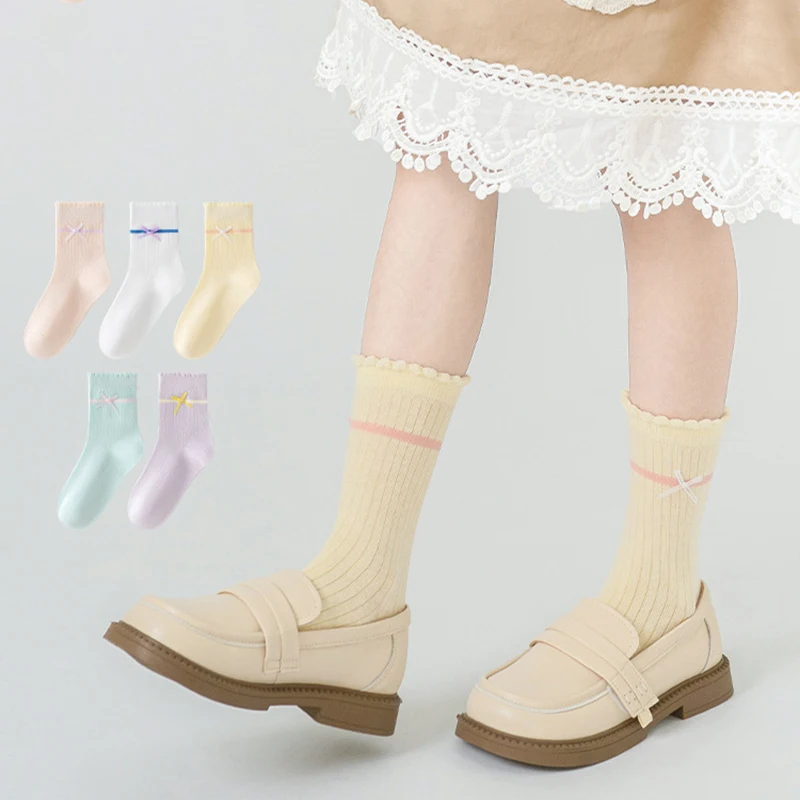 Sweet Bow Socks for Girl Spring Autumn Soft Cotton Kids Middle Tube Socks Candy Color Baby Flower Ruffle Princess Socks