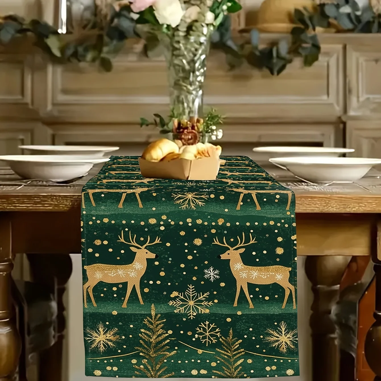 WEIHNACHTENES GRÜNES RENTIER-MUSTER, 1 Stück Polyester-Tischläufer für Küche und Esszimmer, Dekoration, Neujahrsparty-Tischfahne