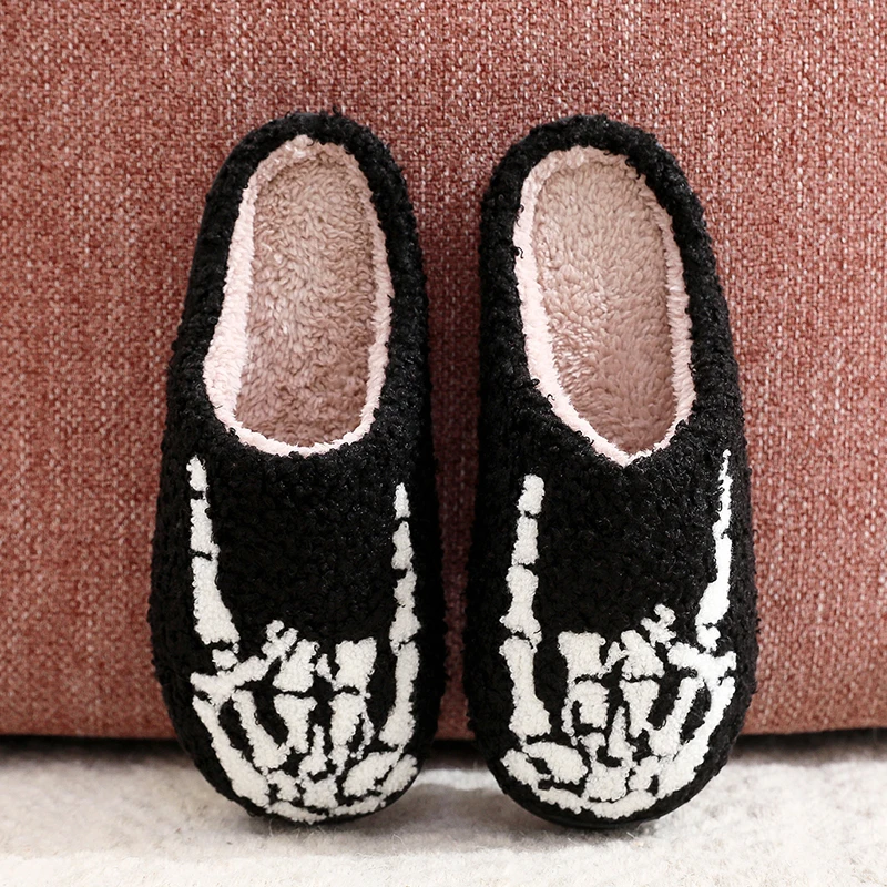 Skeleton Finger Embroidery Printing Platform Slippers Women Fashion Halloween Plush Slippers Woman Non Slip Home Cotton Shoes