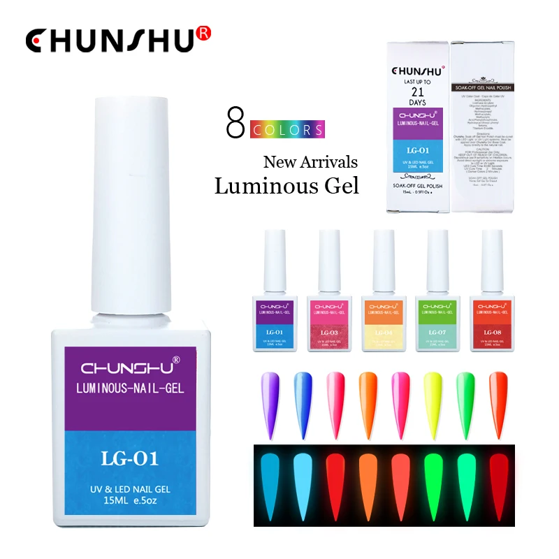 Chunshu Neon Lichtgevende Gel Nagellak 15Ml Uv Led Semi-Permanente Vernis Gloed In Donker Schilderij Fluorescerende Kleuren Hybriden