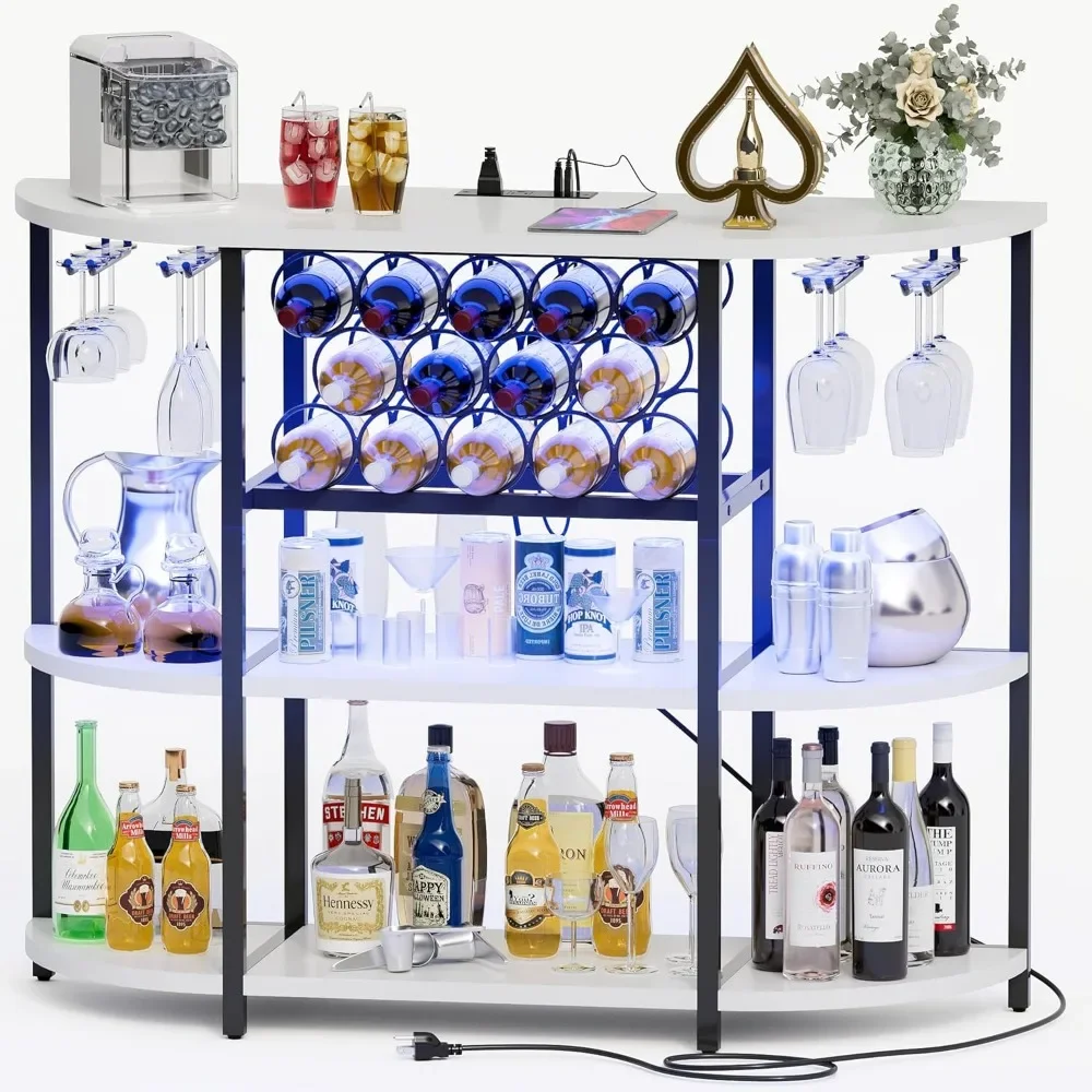 Wine Bar Cabinet for Liquor Bar Table Bar Cabinet with Lights and Outlet 4-Tier Storage  Wine Racks with Glass Holder Mini Bars