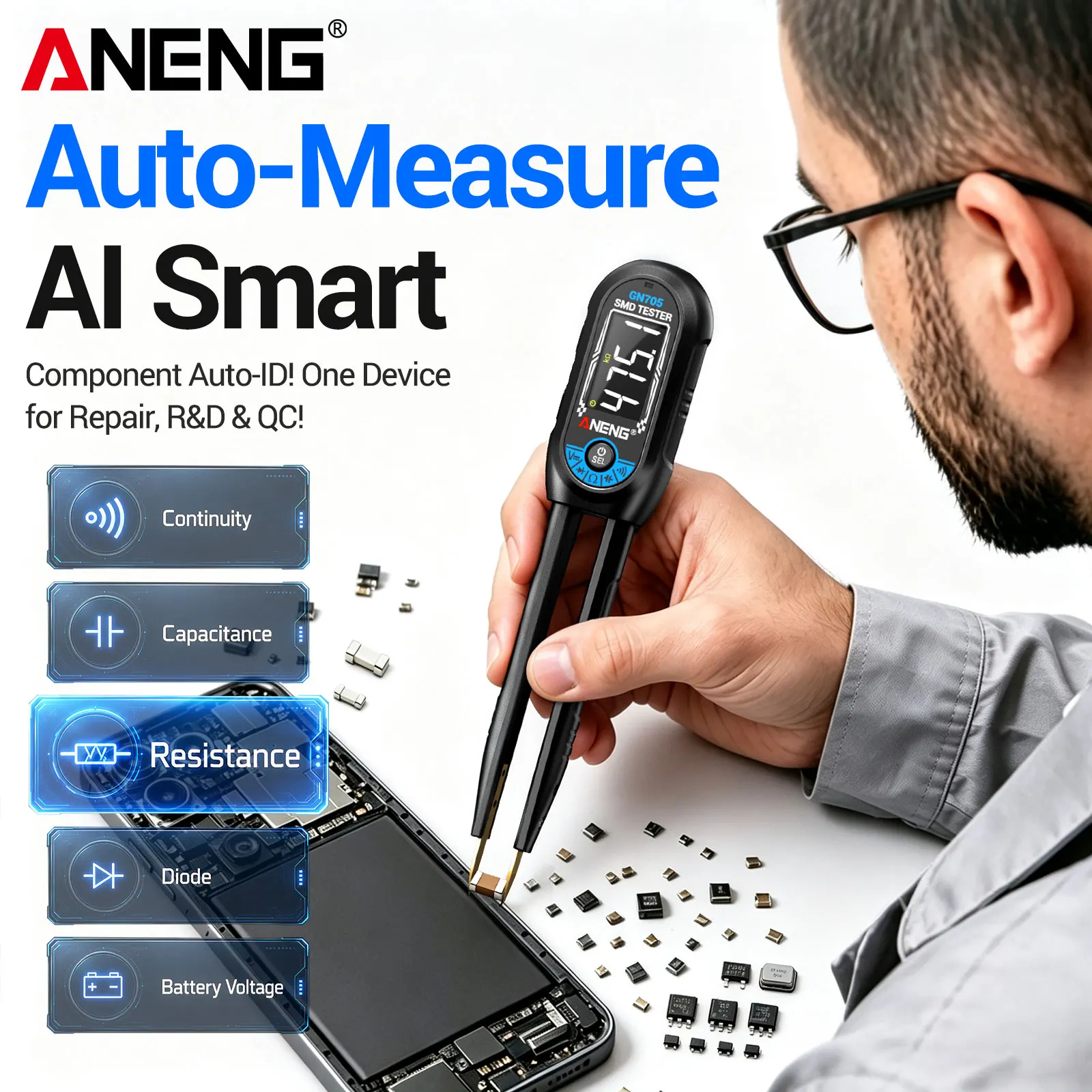 ANENG GN705 SMD Tweezer LCR Tester 6000 Counts Resistance Capacitance Inductance Diode Rechargeable Electrician Repair Tool view 2