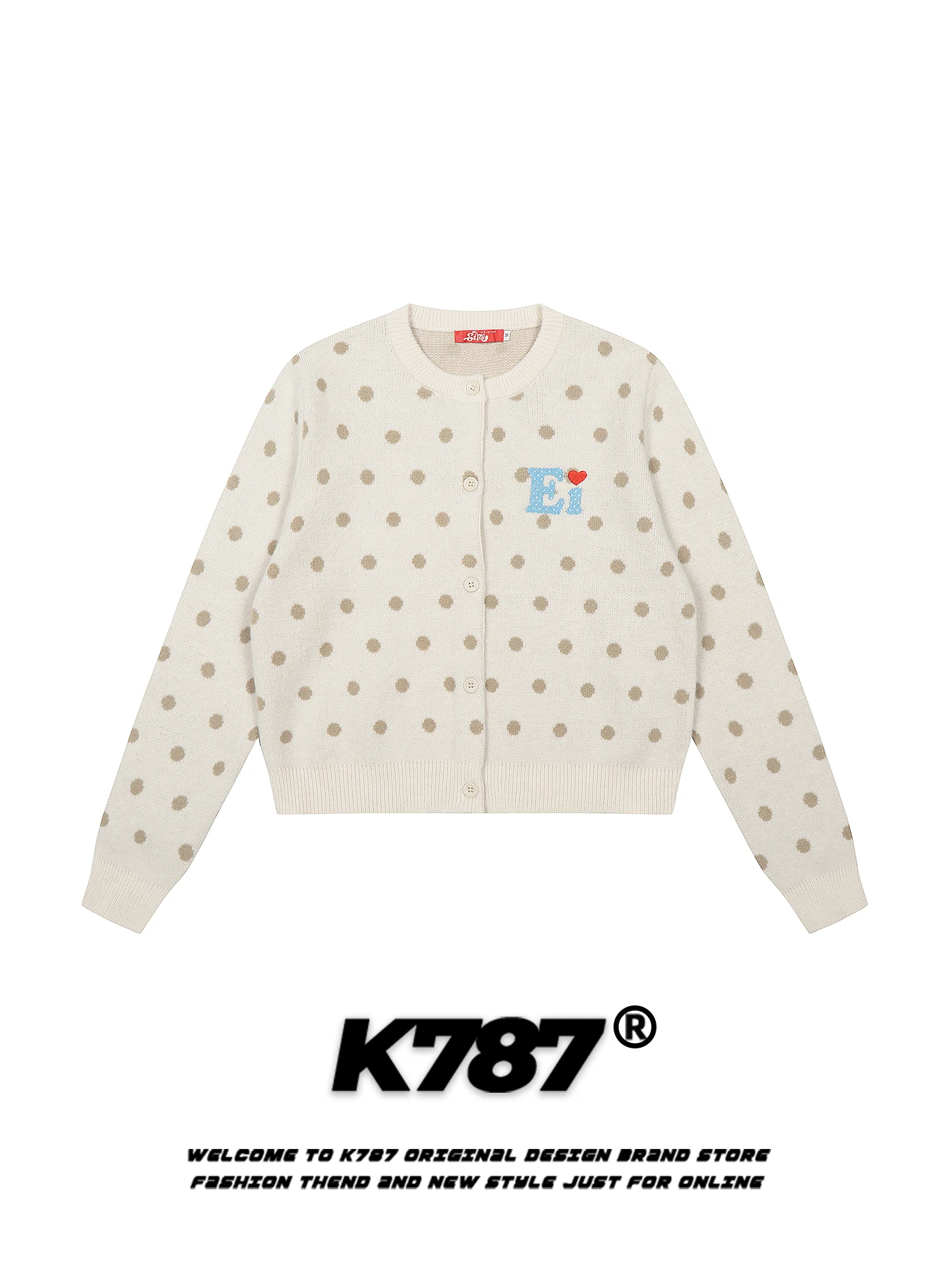 

Женский вязаный свитер-кардиган K787 в американском уличном стиле с вышивкой в горошек и буквами, повседневный, свободный, уютный, вязаный, открытый, в стиле кэжуал.