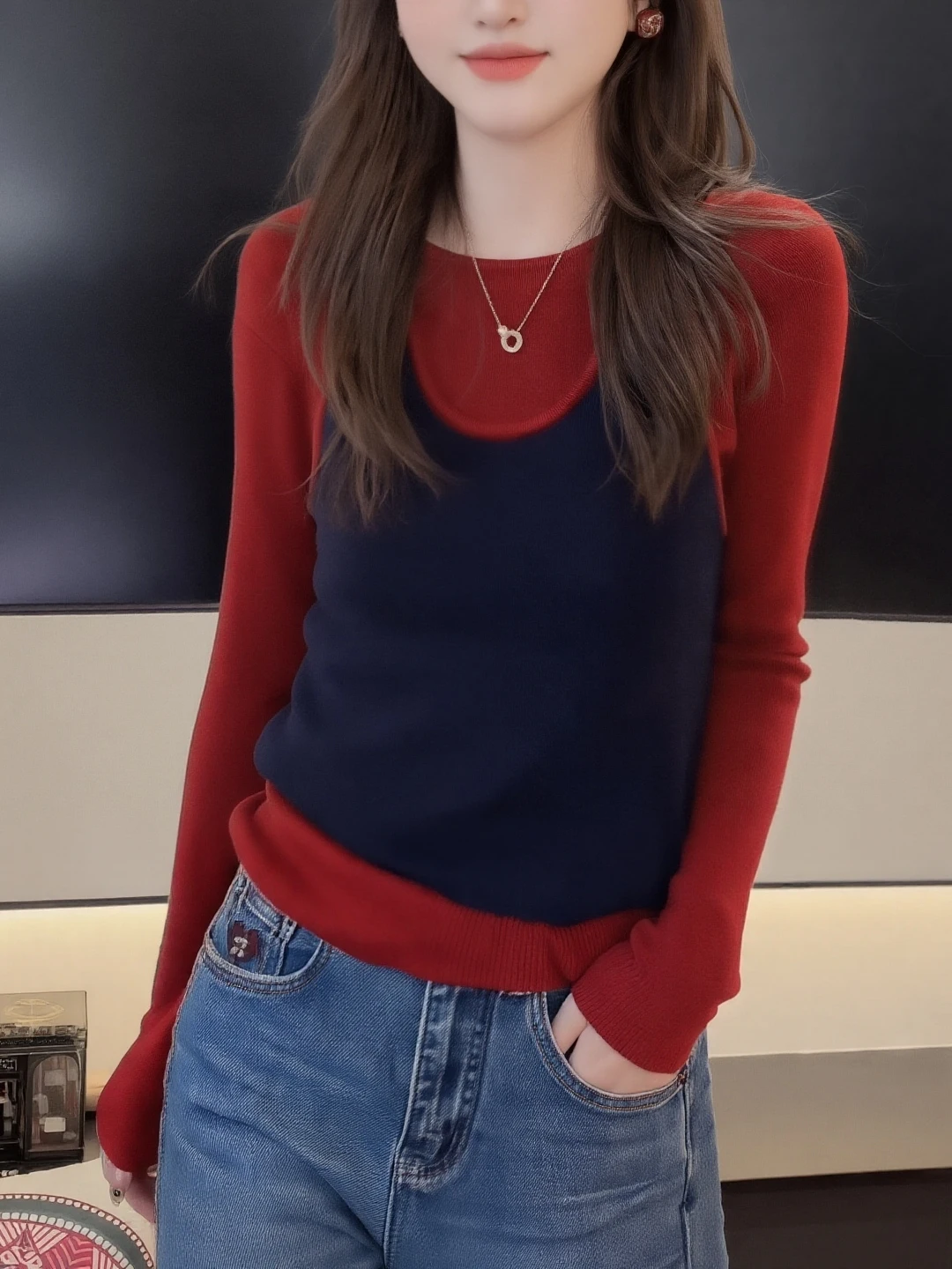 

Korean Sle Bordeaux Red Splice Slim Fit round Ne Knitted Top Women's Faion Autumn Winter Warm Long Sve Woolen irt