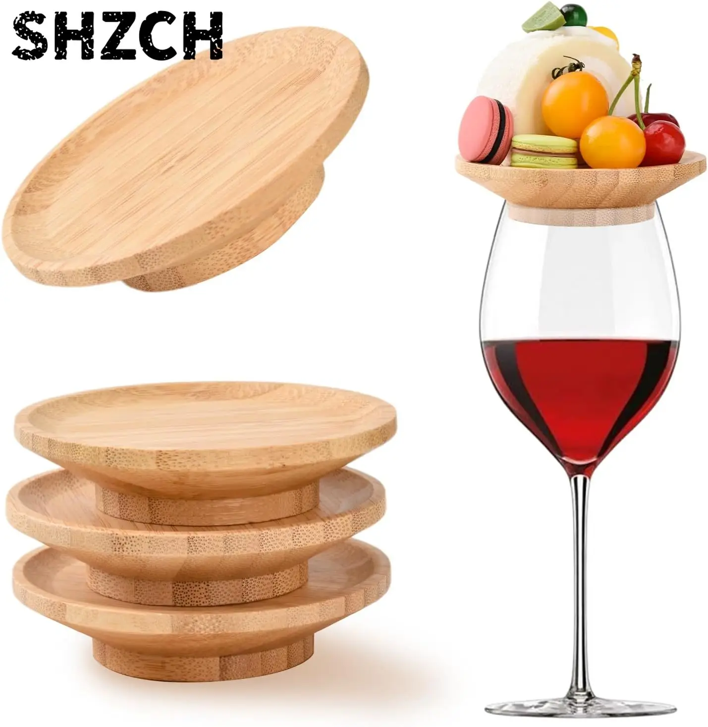 4-Piece Wine Glass Charcuterie Topper Set, Bamboo Round Board & Appetizer Plate, Dual Use Party Serving Accessory for Snacks