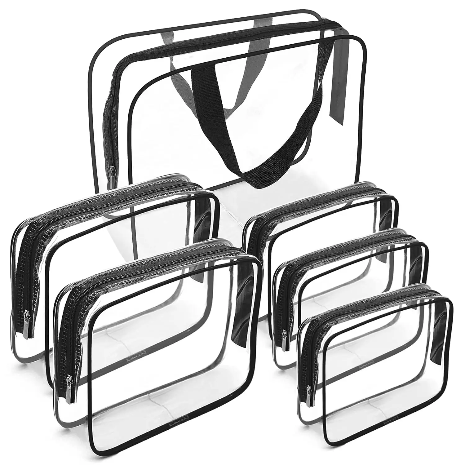 

6 Pcs Clear Makeup Bags Set, TSA Approved Travel Toiletry Organizer, PVC Zipper Pouches for Airport, Black