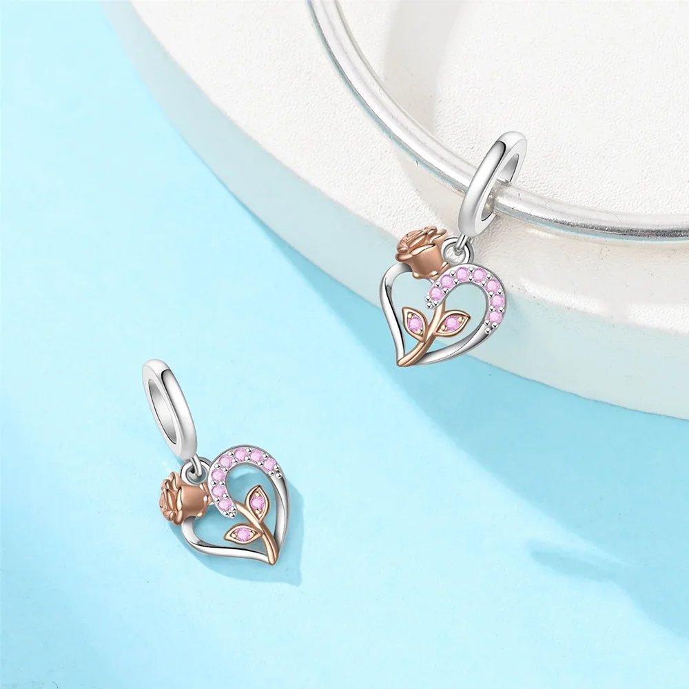 

New 925 Silver Pink Series Beads Zircon Love Pendant Love Rose Love Cherry Charm Pendant Fit Original Diy Bracelet Jewelry Gift