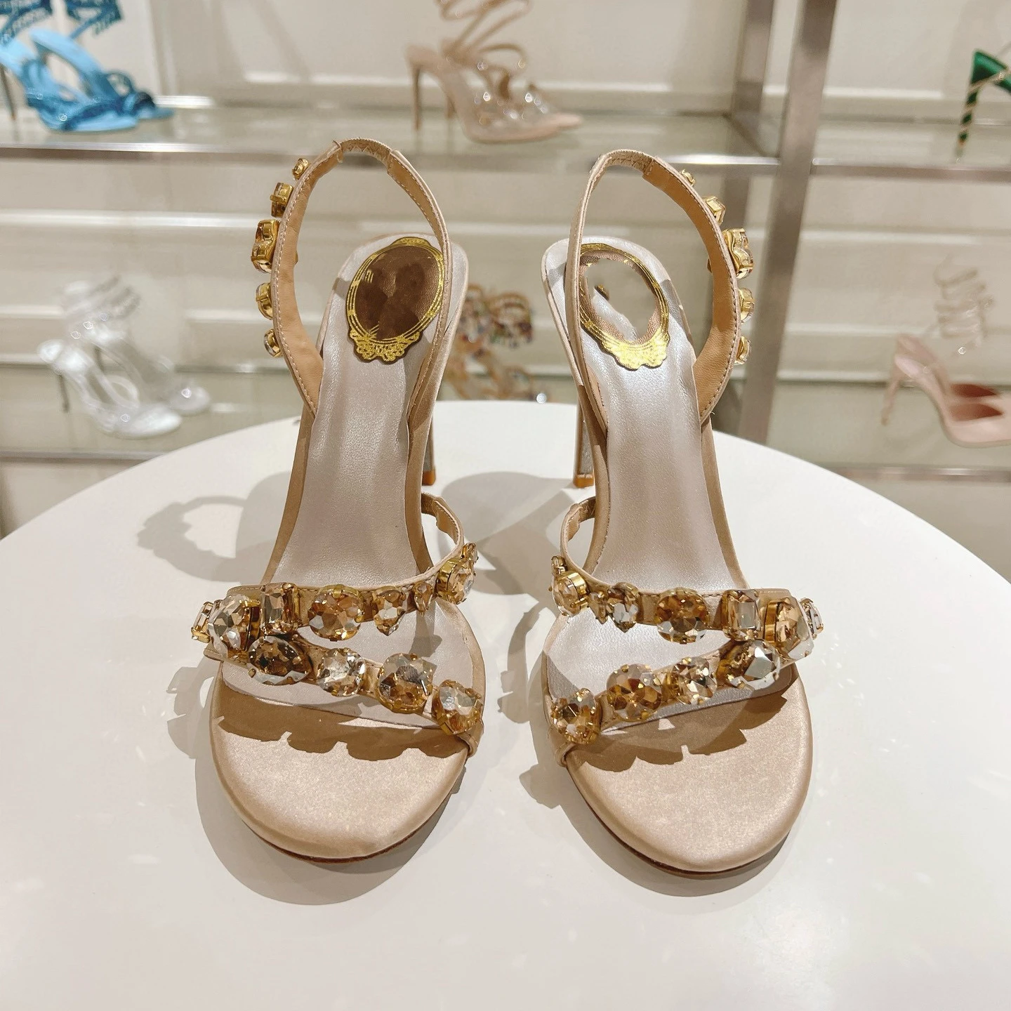 High Quality 1:1 Lux Champagne Crystal Strappy Toe High Heels Vintage Classy Women Girls Sandals Golden Slingback