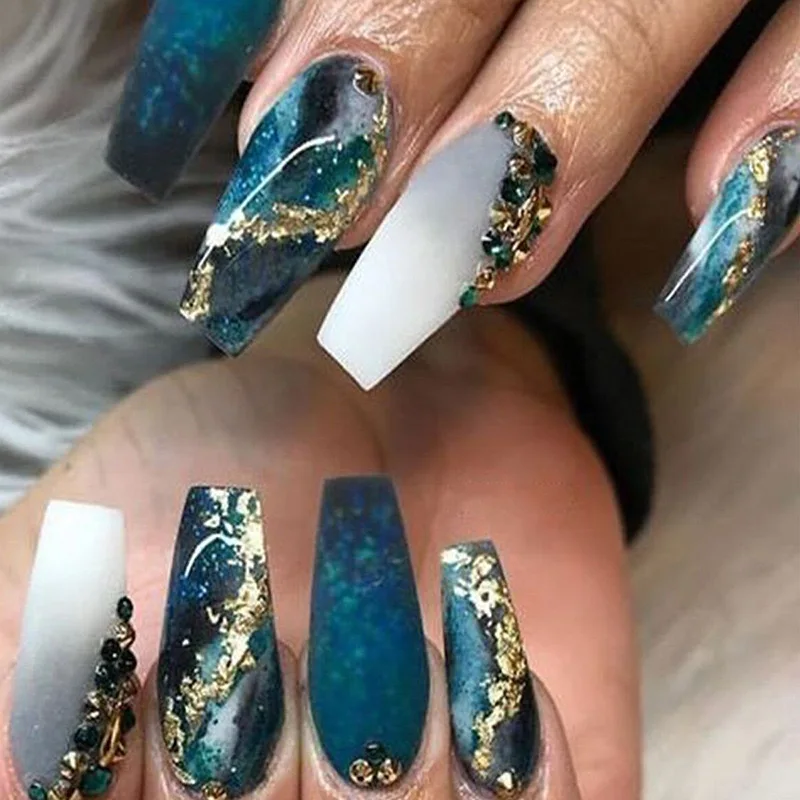 

24Pcs Gold Foil Gold Line Drawing False Nails Long Coffin Press on Nails Wearable Blue Marbling Design Fake Nail Tips