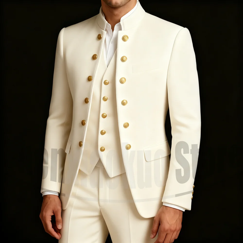 

Men's Stand Collar Suit Set Double Breasted Solid Color Wear Wedding Groom Party Elegant Tailored Design Suits Three Piece