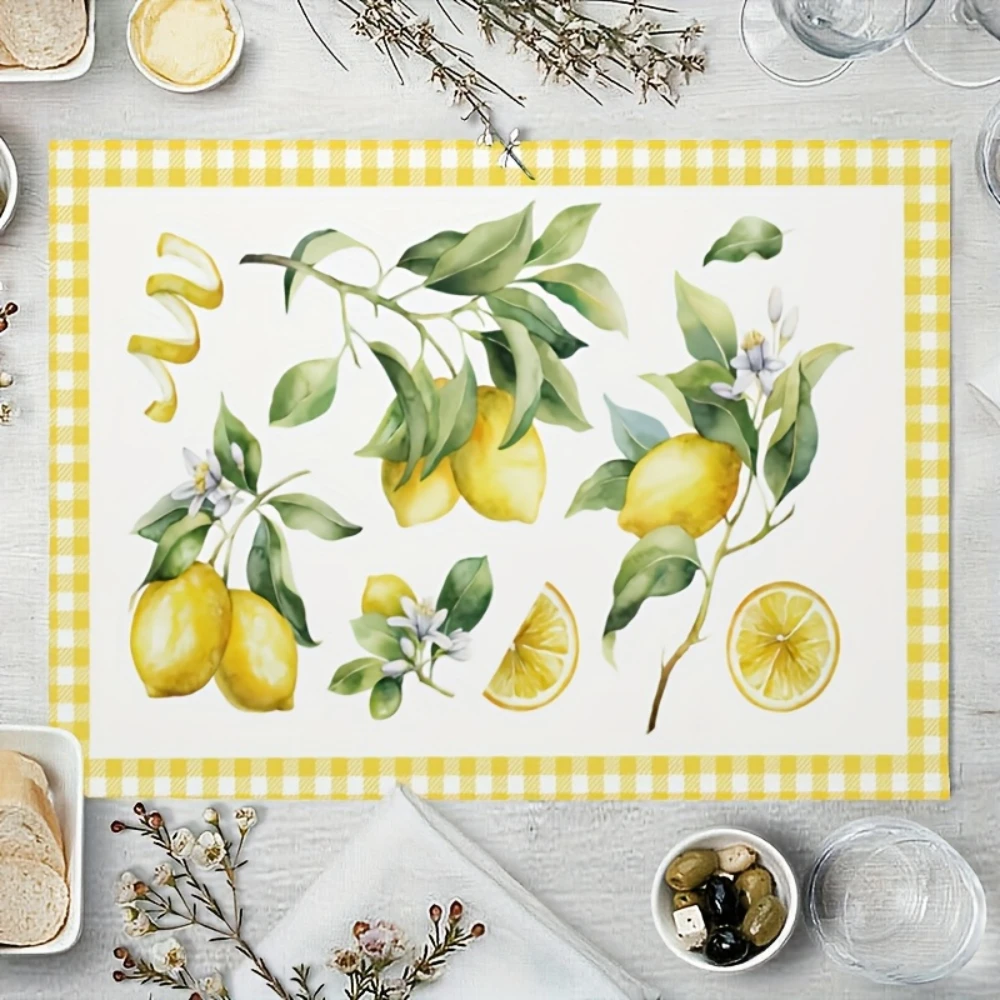 Watercolor Lemon Gingham Printed Placemats Fresh Fruit Table Decor Spring Cottage Sideboard Display Bright Dining Home Decor