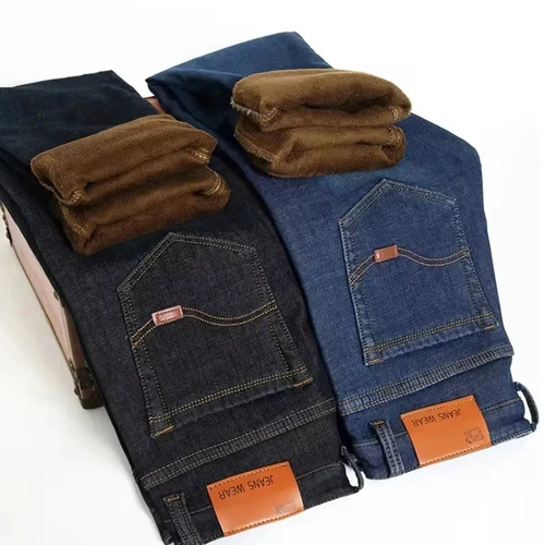 Imagen 1 del producto Jeans para Hombre con Forro Polar Reflectante - Forro Grueso y Cálido, Mezclilla Resistente y Ribete Reflectante, Seguro para Viajes Nocturnos de Invierno y Uso Casual