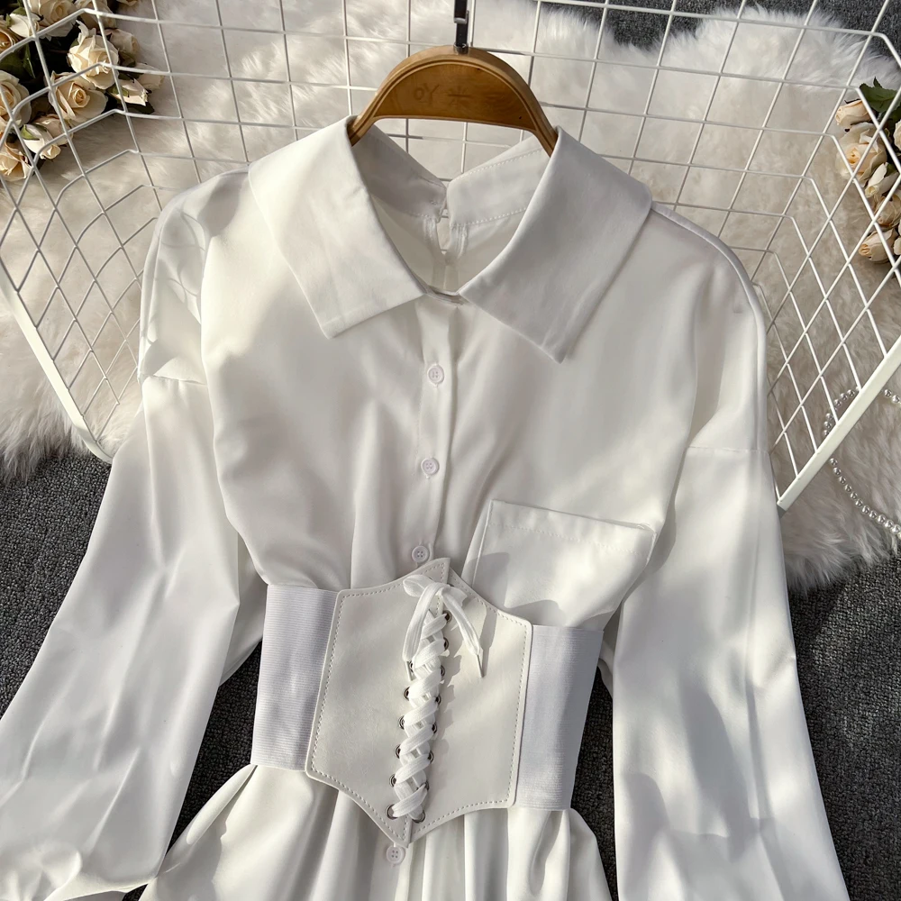 Camicie da donna con cintura in vita Abiti da donna eleganti alla moda autunno inverno Abito stile coreano Vintage Palazzo Cena Banchetti Abiti sexy