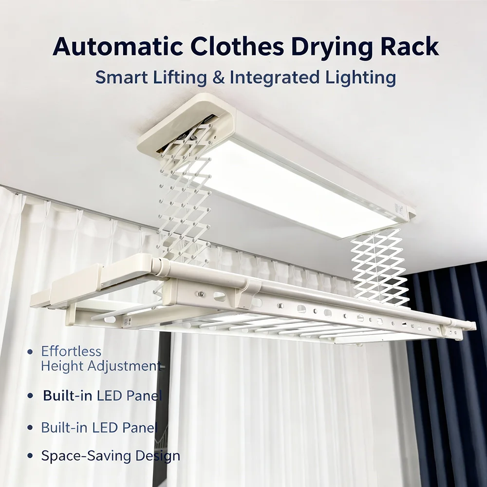 Smart Voice-Control LED Lighting Heating Drying Ceiling Clothes Rack DC Motor 38KG Load-Bearing Indoor