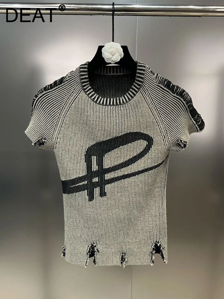 DEAT High Street Print T-shirt For Women 2024 Spring New Collection Round Neck Short Sleeve Slim Clothing Female Trendy 11XX6057