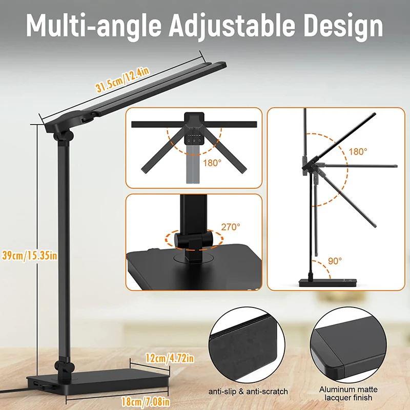 Double Head LED Desk Lamp Dual Swing Arm Table Lamp 5 Color Modes 5 Brightness Levels Eye-Caring Modern Piano Light for Office