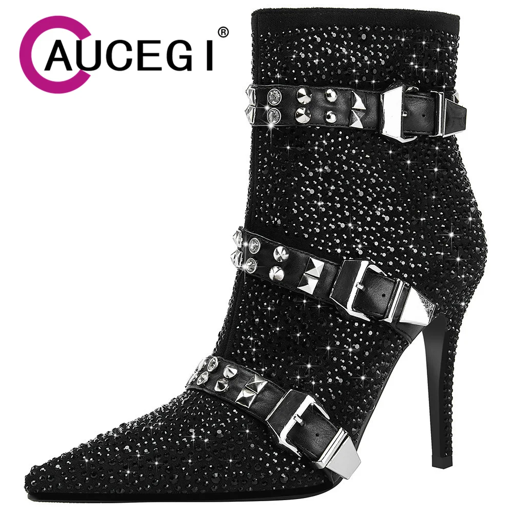 

Aucegi Spring Autumn Zipper Women Buckle Decorations Ankle Boots Crystal Diamond Pointed Toe Stiletto Heels Party Prom Shoes