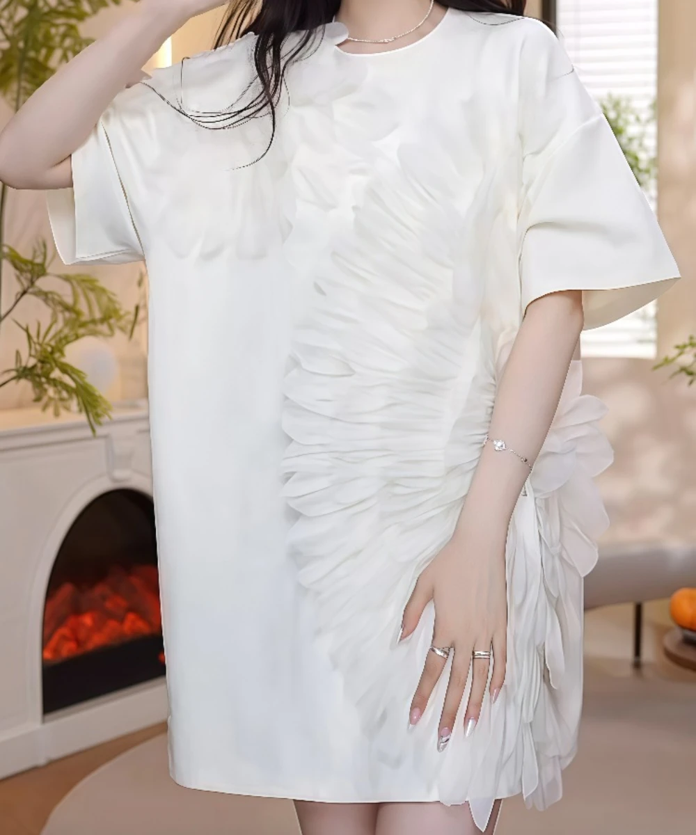 สามมิติดอกไม้แขนสั้นเสื้อยืดกระโปรงผู้หญิง 2025 ฤดูร้อนใหม่แฟชั่นหลวมหญิง NICE รอบคอชุด