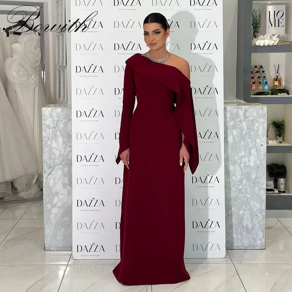 

Bowith Modest Burgundy Formal Evening Dresses Off the Shoulder Long Sleeves Long Prom Gown Customized Party Dresses
