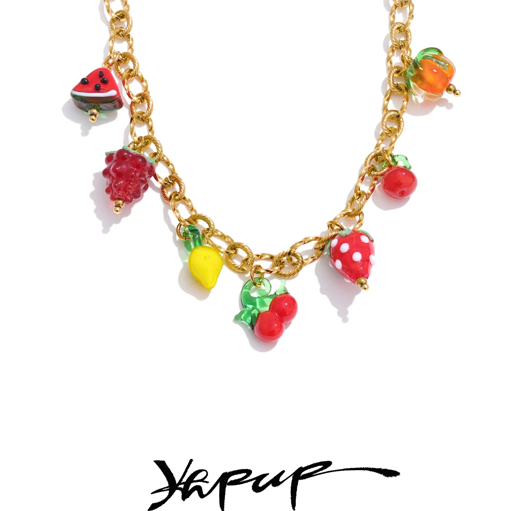 Yhpup Sweet Spring Summer Colored Glaze Fruit Charm Pendant Necklace Gold Color Stainless Steel Trendy Jewelry