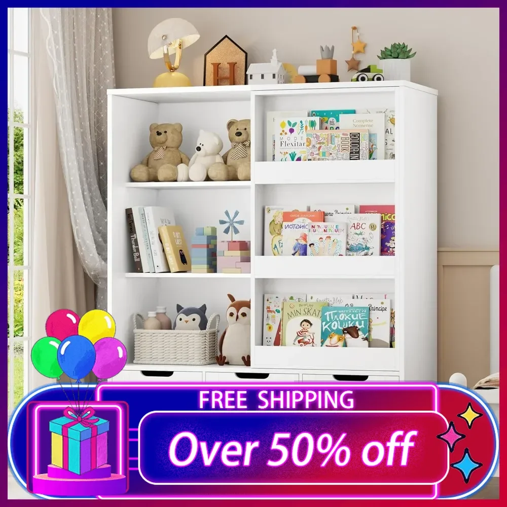 

Toy Storage Organizer with Sliding Book Shelf, Toy Organizers and Storage with 3 Movable Drawers and 6 Storage Cubbies