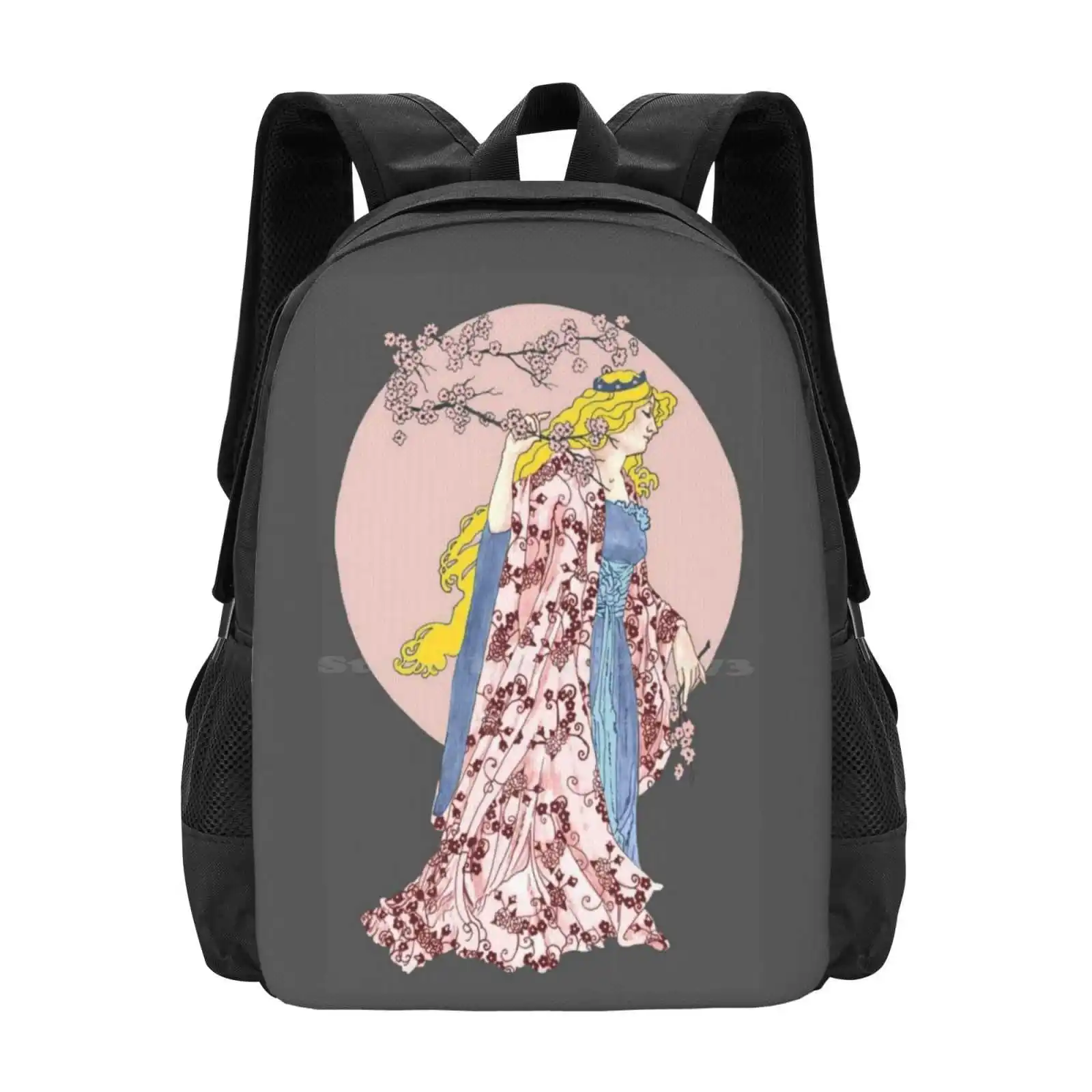 

Cherry Blossom Moon Hot Sale Schoolbag Backpack Fashion Bags Mucha Art _ Nouveau Cherry Blossom Kimono Fantasy Woman Pink
