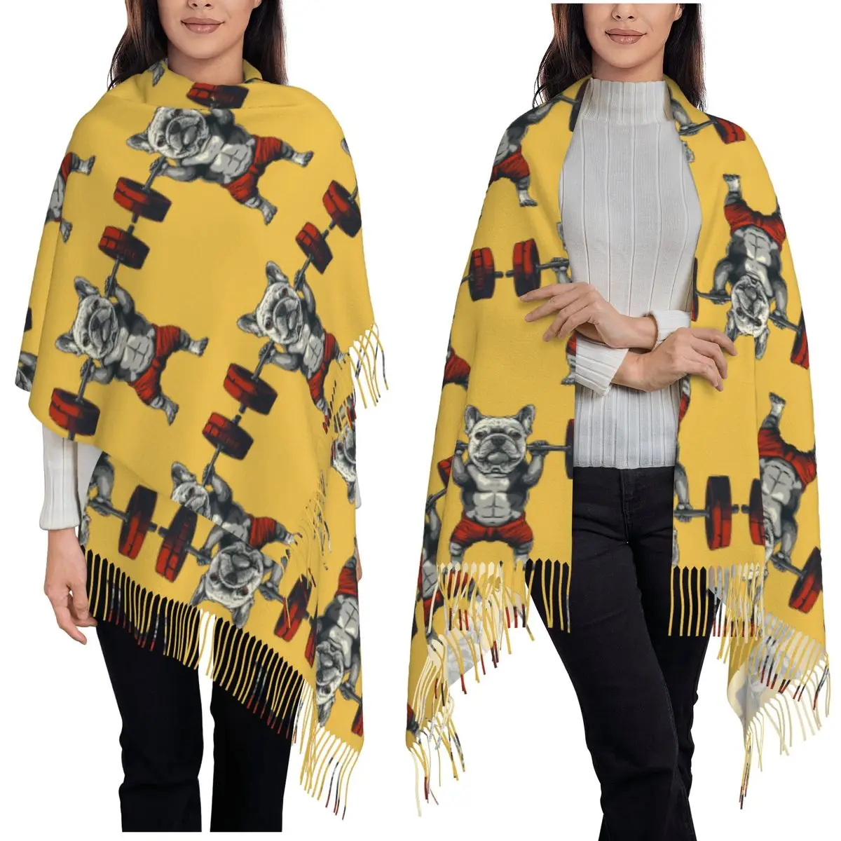 

Тренажерный зал, французский бульдог, тяжелая атлетика, шарф, шарфы с кисточками для женщин, мягкие теплые шали и накидки, большая осенне-зимняя шаль