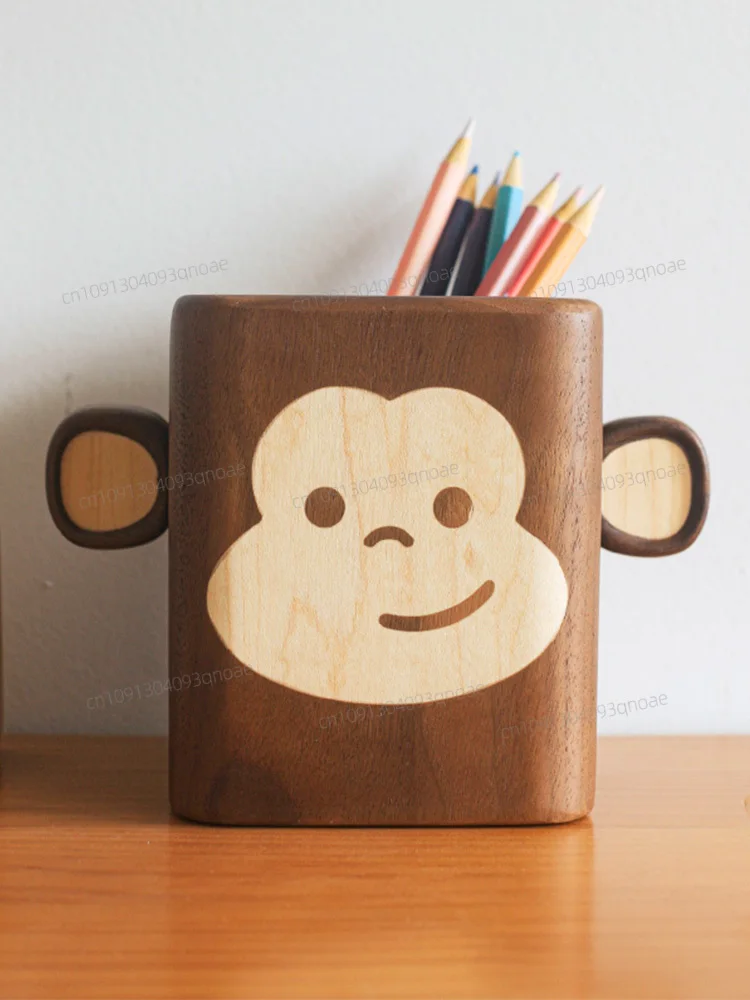 

Original design cute black walnut solid wood little monkey pen holder office supply pen insert wooden birthday gift lettering