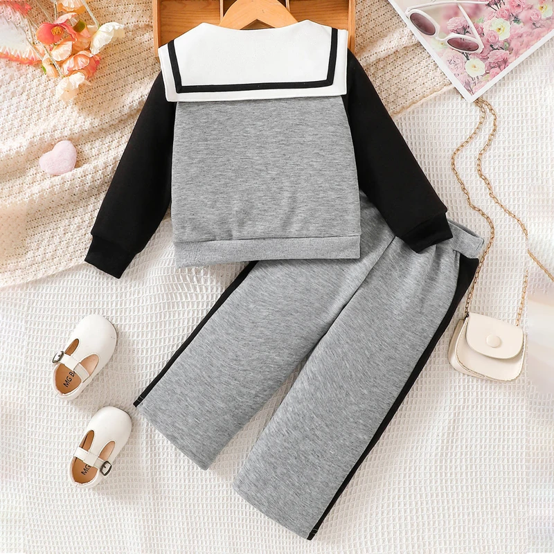 Little Girl Fall Outfit Cute Bow Embroidery Sailor Collar Long Sleeve Sweatshirt Elastic Waist Pants with Pockets 2 Piece Set