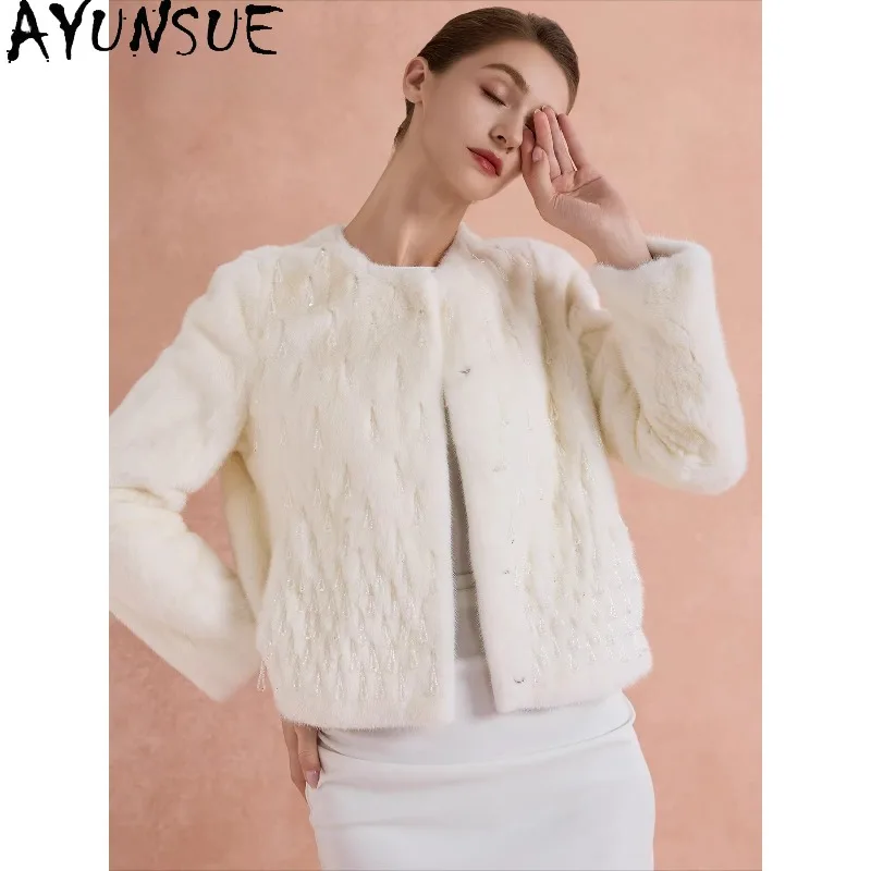 AYUNSUE Echt Minkbontjassen voor Dames, Saga Bontjas, Witte Bontjas, Elegante Buitenkleding voor Dames, Dameskleding, Manteau Femme
