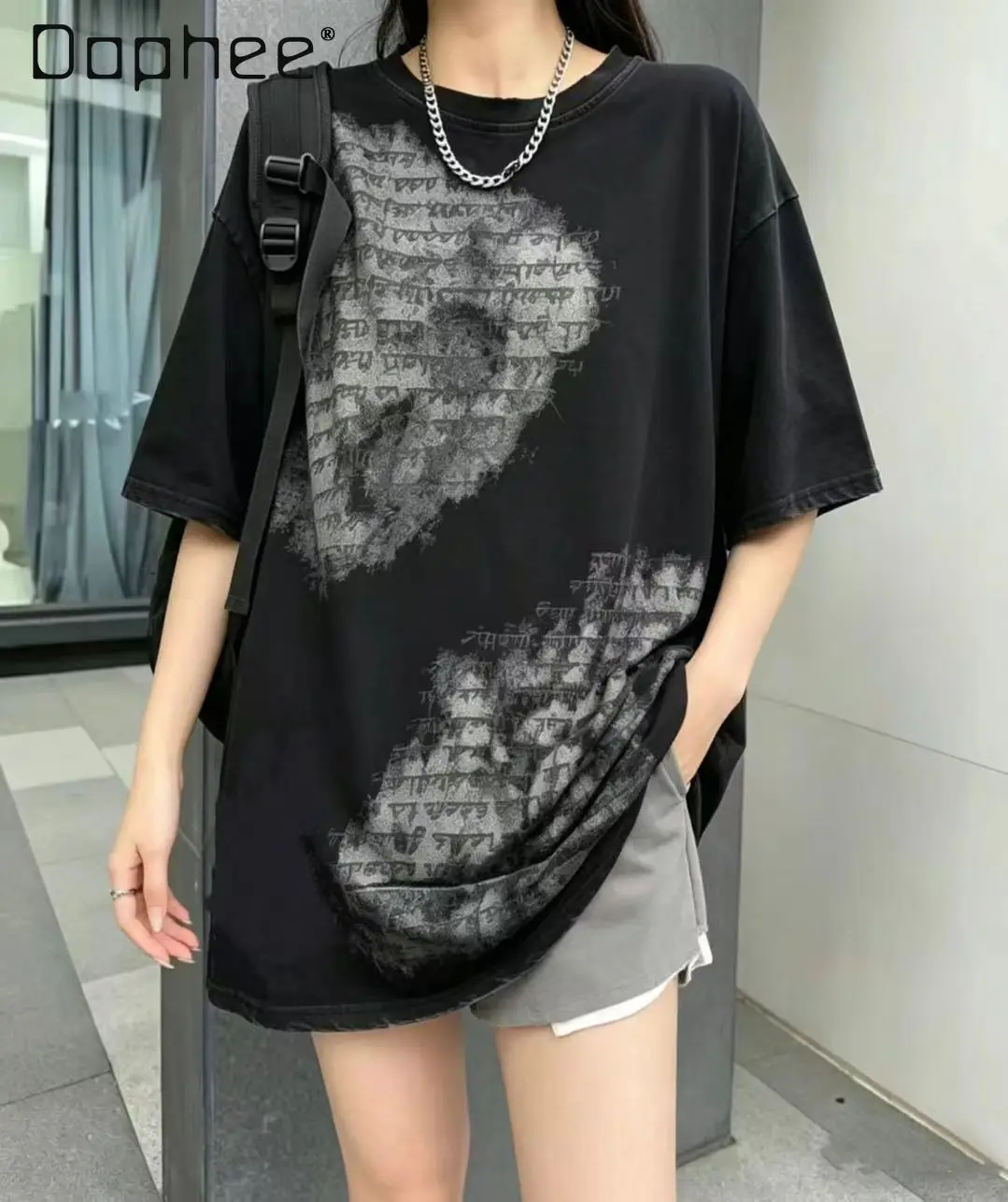 

European T-shirt Women's 2026 Summer New Trendy Versatile Water Ink-dyed Printed Versatile Round Neck Loose Short-sleeved Top
