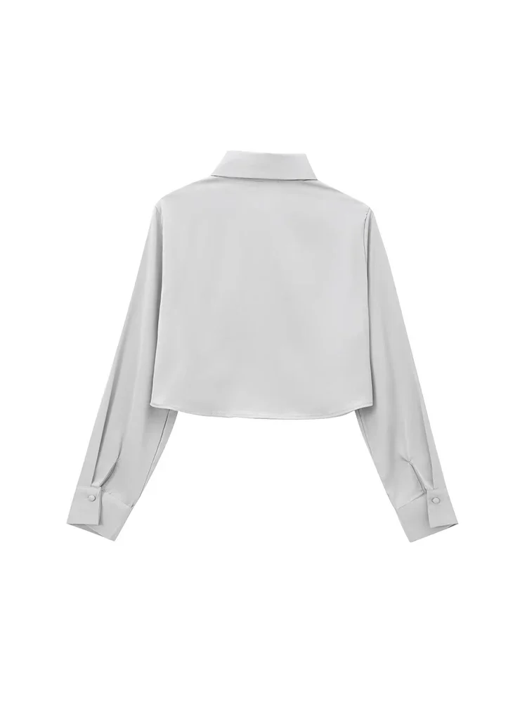 Willshela Women Fashion Grey Single Breasted Cropped Blouse Vintage Lapel Neck Long Sleeves Female Chic Lady Shirts