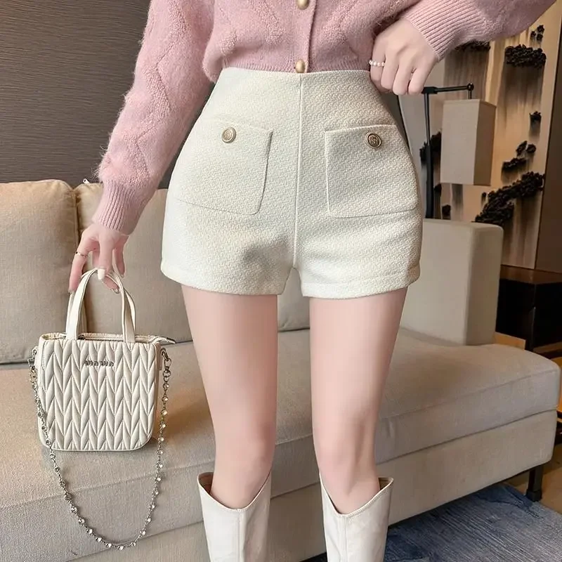 여성용 트위드 블랙 마이크로 반바지, 하이 웨이스트 스트레이트 레그 팬츠, 스위트 핫 걸, 우아한 패션, 가을 및 겨울