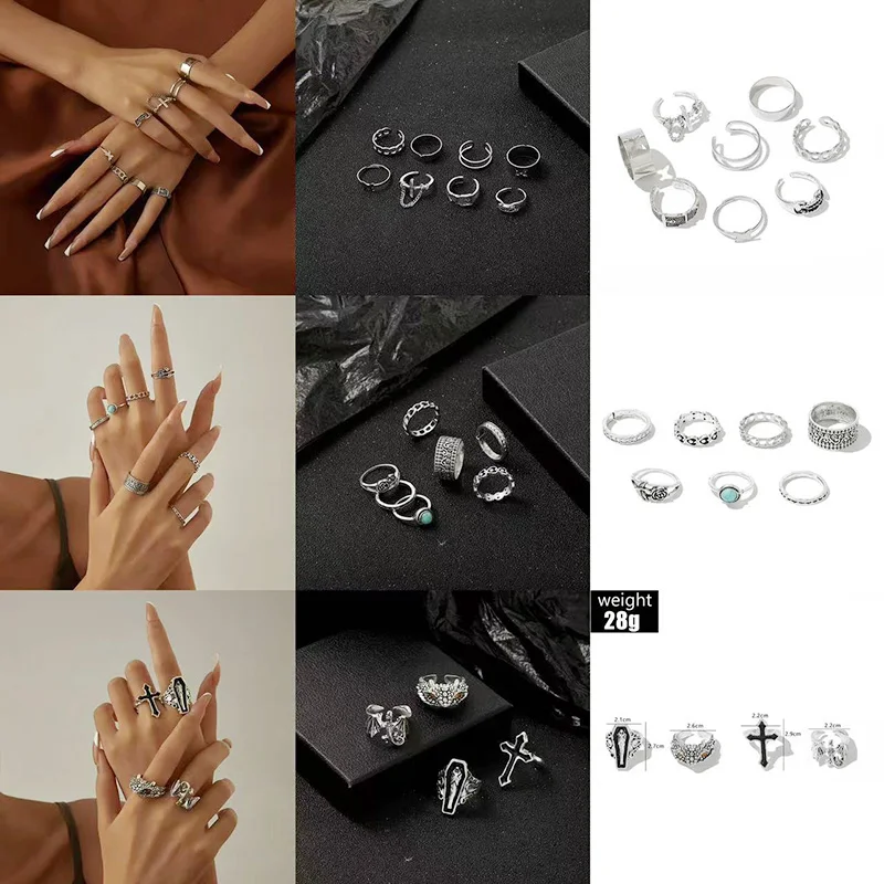 

Bohemian Hollow Pearl Crystal Zircon Charm Set Ring Jewelry for Women's Party Fashion Butterfly Rose Turquoise Star Opening Ring