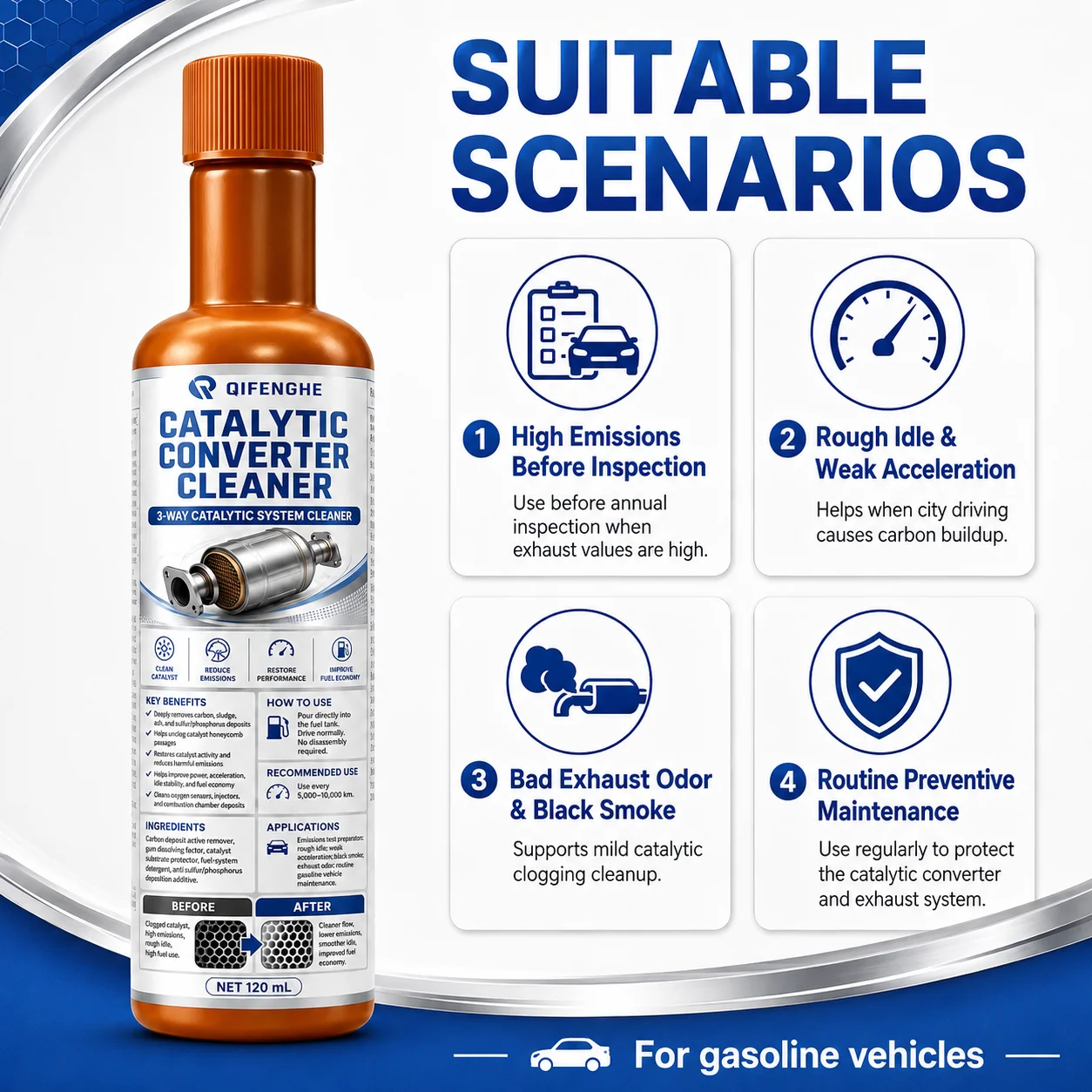 Engine Catalytic Converter Cleaner, Fuel Additive for Exhaust System, Carbon Deposit Remover, Improve Emission Pass Test, 120ml