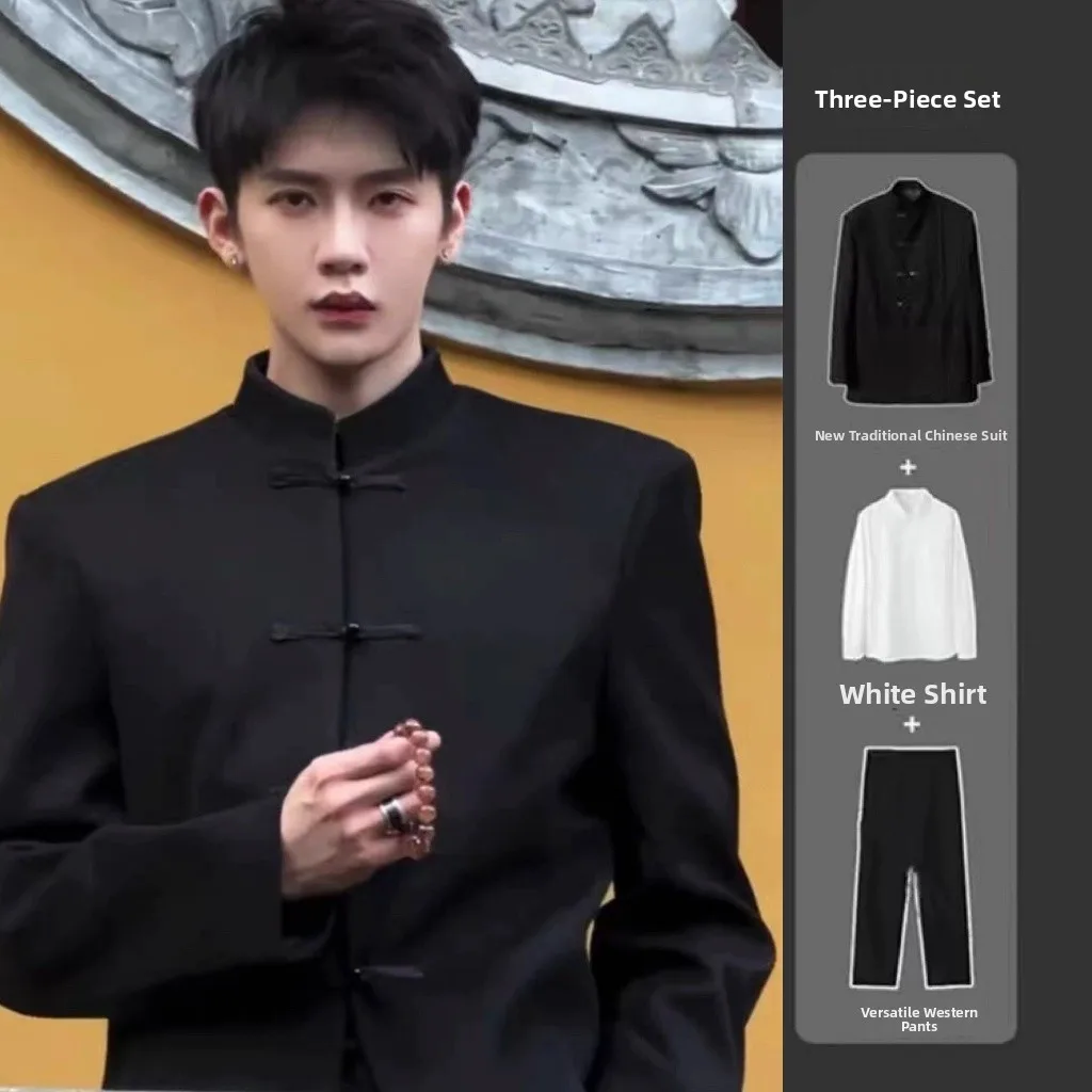 New Chinese Style Men's Suit Jacket Collar Coat Young Couples Wedding Engagement Buttoned Zhongshan Tang Costume Dress Set