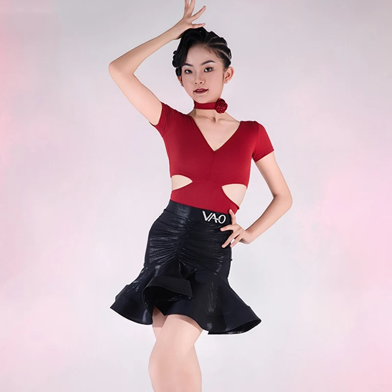 

Girls Latin Dance Training Clothes Cut-Out Red Leotard V-Neck Practice Wear Black Ruffle Skirt Performance Stage Outfit AMY1804