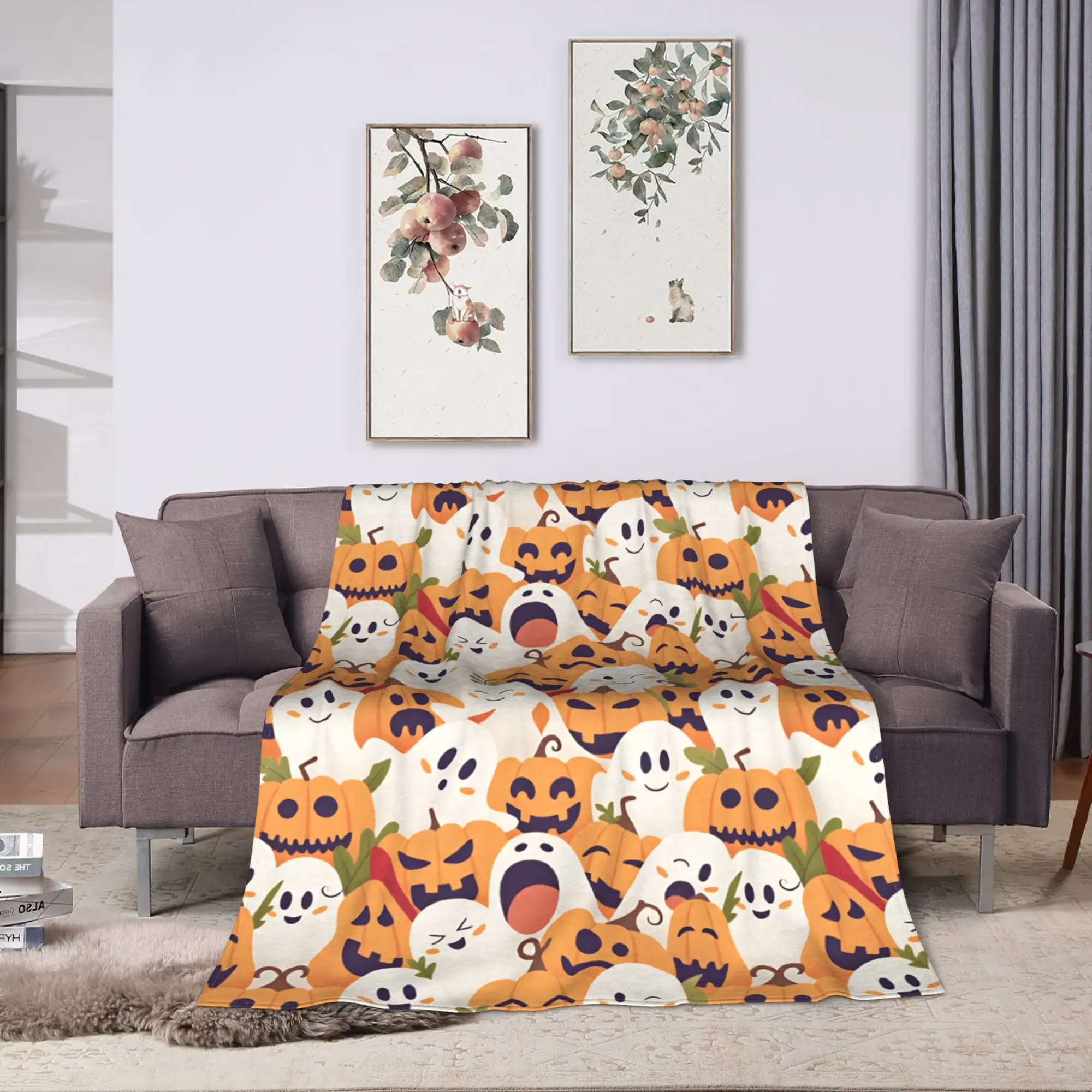 Cute Halloween Pumpkin Ghost Seamless Pattern Warm Comfy Blankets  Print Travel Office Throw Blanket Bedspread Sofa Bed Cover