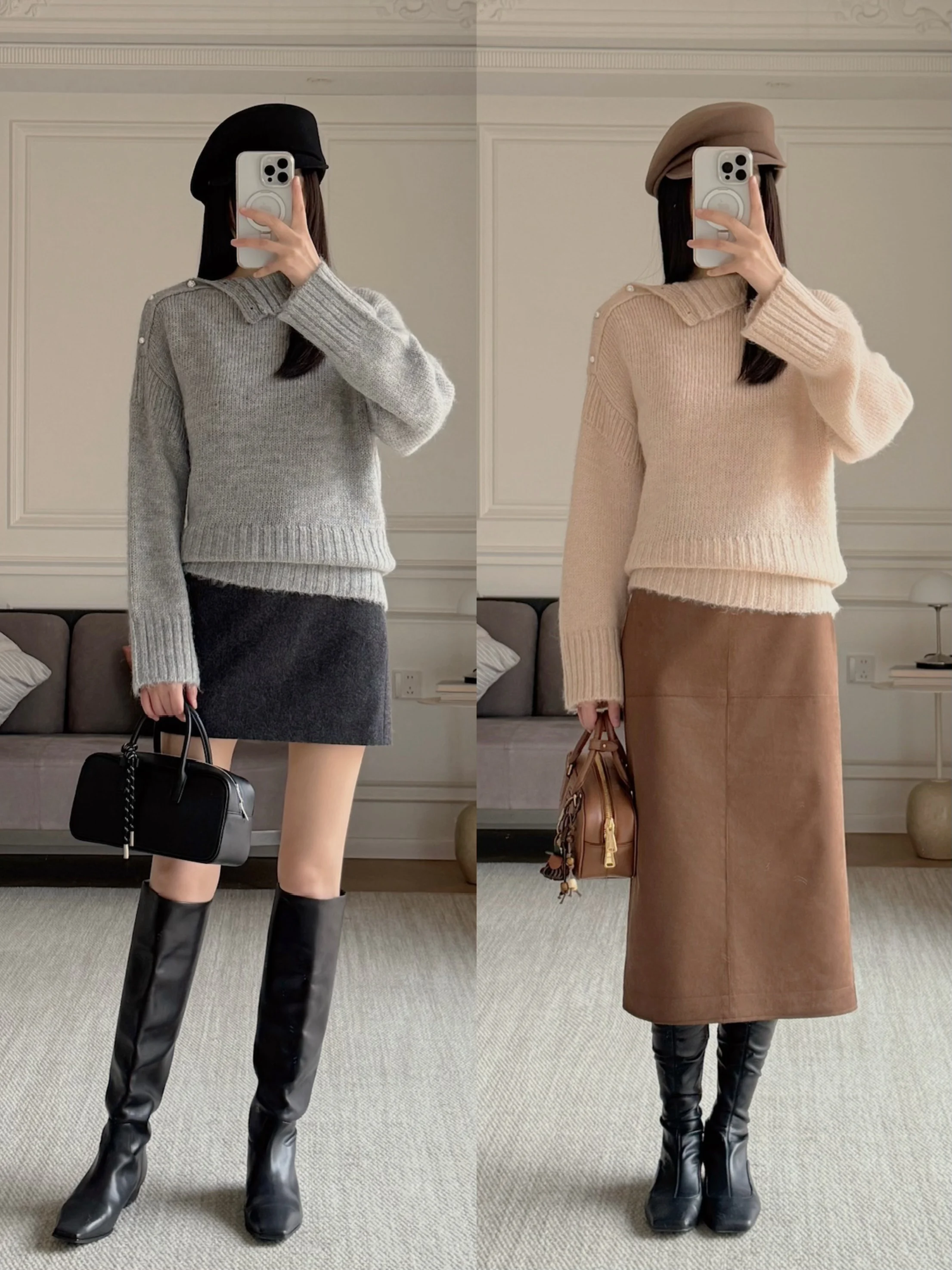 

e Pearl Shoulder Bule Adorned! Свободный вязаный свитер с высоким воротником, можно носить через плечо, из шерсти альпаки, женский.