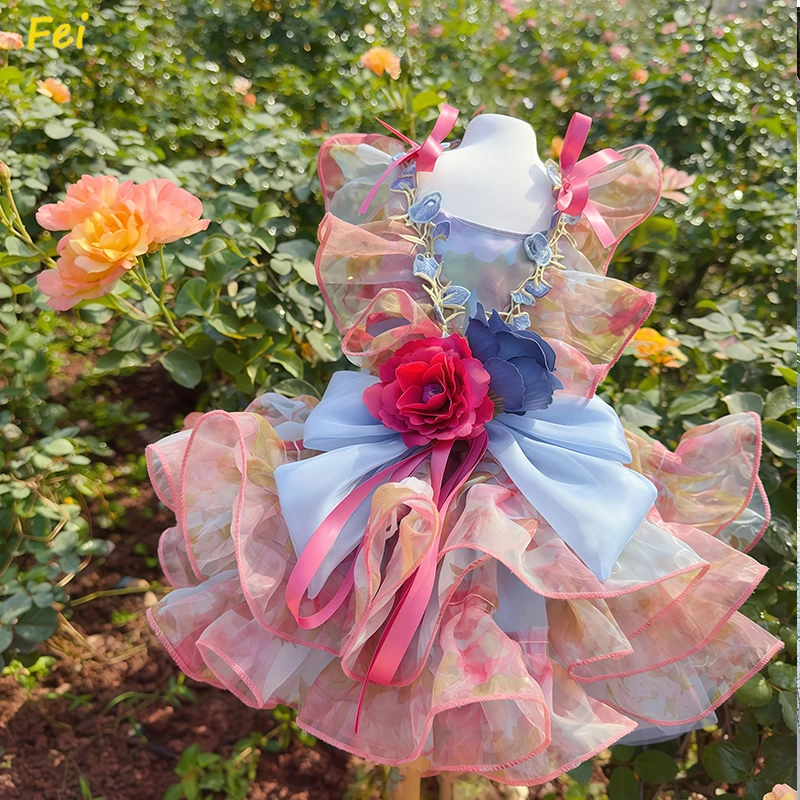 

Luxury Handmade Pet Dog Clothes Chihuahua Poodle Fine Fashion Flower Print Lace Long Tail Princess Dress For Small Medium Dogs